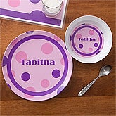 Personalized Kids Dinner Set - Girls Polka Dot Plate & Bowl - 10863D