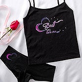 Personalized Rhinestone Heart Black Camisole and Shorties - 11138