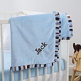 Blue Velour Embroidered Baby Blanket - 6150