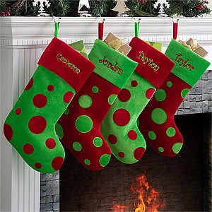 Personalized Christmas Stockings - Red & Green Polka Dots - 10408