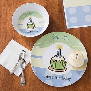 Personalized Boys First Birthday Dinner Set - Plate & Bowl - 10861D
