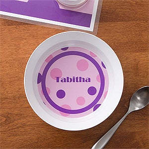 Personalized Kids Dinner Set - Girls Polka Dot Plate & Bowl - 10863D
