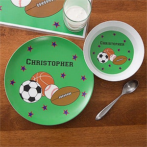 Personalized Kids Dinner Set - Boys Sports Plate & Bowl - 10941D