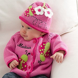 Personalized Baby Girls Sweater - Ladybugs & Flowers - 12572