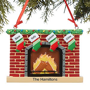 Personalized Family Christmas Ornament - 4 Name Stocking Fireplace