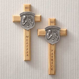 Personalized First Communion Wood Cross With Pewter Medallion - 2037