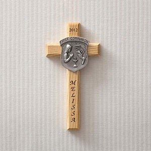 Personalized First Communion Wood Cross With Pewter Medallion - 2037