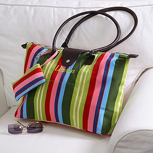 Personalized Canvas Tote Bag - Fold Up Striped Tote Bag - 2924