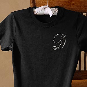 Personalized Black Ladies T-Shirts with Rhinestone Monogram - 3157