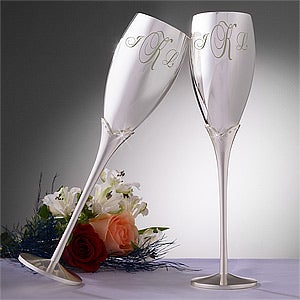 Engraved Silver Wedding Champagne Flute Set - 3465