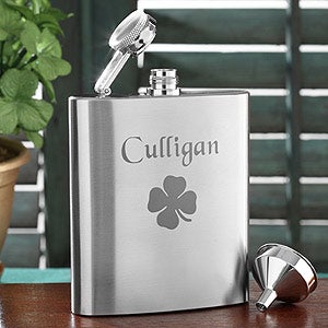 Engraved Irish Shamrock Stainless Steel Pocket Flask - 4991