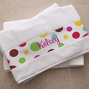 Personalized Cotton Bath Towels - Polka Dot Design - Kid Gifts