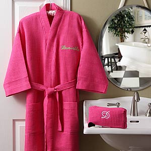 Pink Waffle Weave Personalized Kimono Robe & Cosmetic Bag Set - 5842