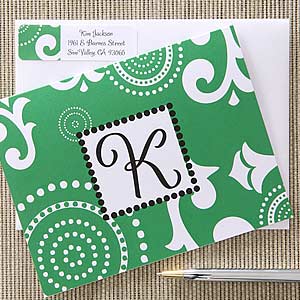 Custom Printed Note Cards - Green with Initial Monogram - 6638