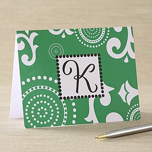 Custom Printed Note Cards - Green with Initial Monogram - 6638