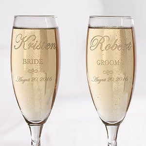 Engraved Crystal Champagne Flutes - Bride and Groom Design - 7095