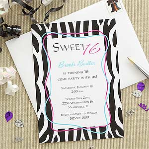 Zebra Stripes Personalized Girls Birthday Invitations for Sweet  Sixteen - 7273