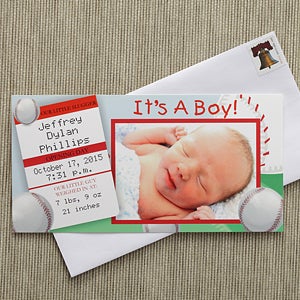 Baby Boy Personalized Photo Birth Announcements - Baseball Slugger - 8088