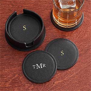 Personalized Drink Coasters - Black Leather - 8740
