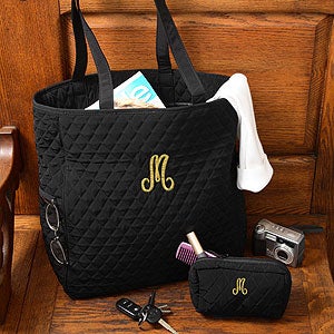 Personalized Quilted Black Tote Bag and Makeup Bag Set - 9743