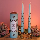 Personalized Bridesmaid Pillar Candle - Blue and Brown Collection, Ceremony Unity Candle with Tapers - Blue and Brown Collection, Mini Votive Candle Favor - Blue and Brown Collection, Small Votive Candle Favor - Blue and Brown Collection