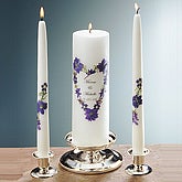 Personalized Bridesmaid Pillar Candle - Violet Bouquet Collection, Ceremony Unity Candle with Tapers - Violet Bouquet Collection, Mini Votive Candle Favor - Violet Bouquet Collection, Small Votive Candle Favor - Violet Bouquet Collection