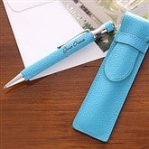 Blue Leather Personalized Pen and Case Set