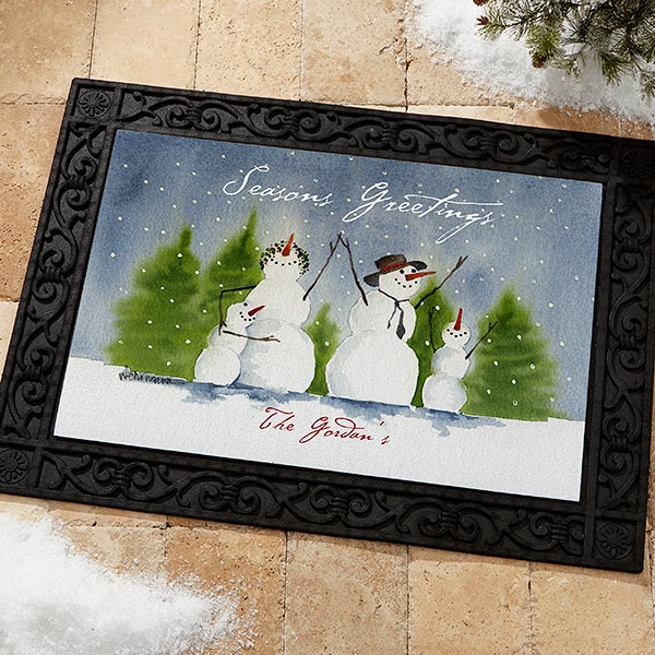 3031 snow family watercolor art personalized doormat large personalized christmas