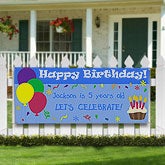 Personalized Kids Birthday Party Banner - Balloons & Cupcakes - 8641