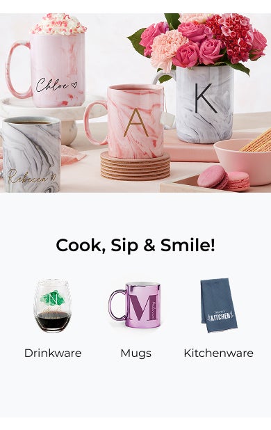 Cook, Sip, & Smile! Drinkware, Mugs, and Kitchenware