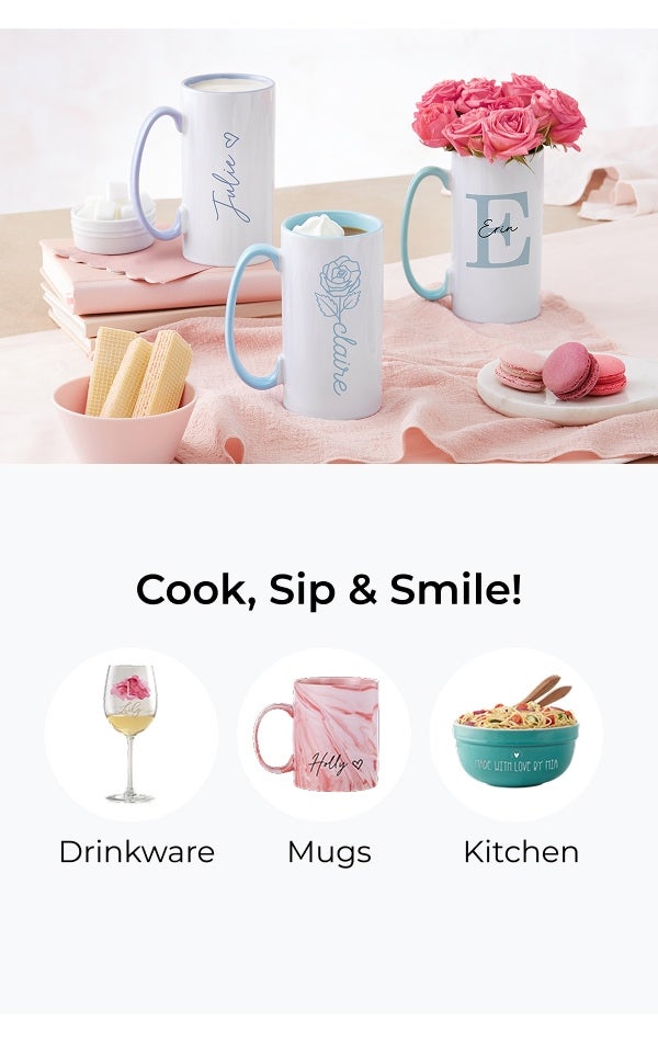 Cook, Sip, & Smile! Drinkware, Mugs, and Kitchenware