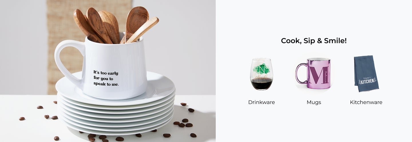 Cook, Sip, & Smile! Drinkware, Mugs, and Kitchenware