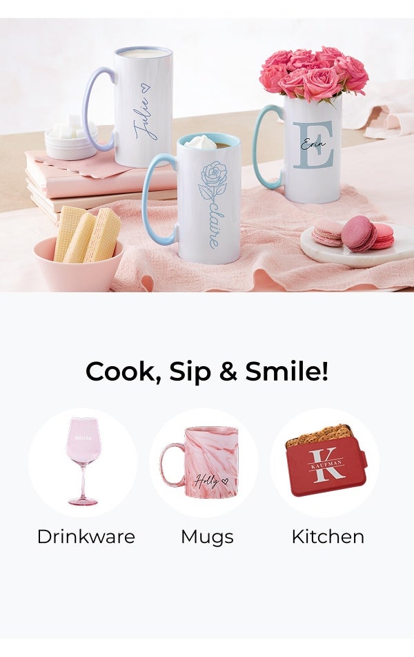 Cook, Sip, & Smile! Drinkware, Mugs, and Kitchenware