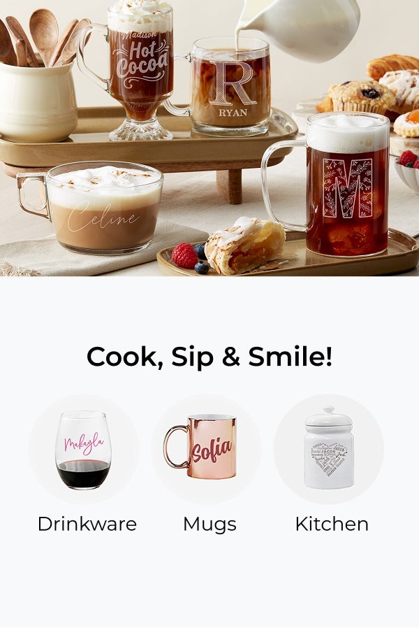 Cook, Sip, & Smile! Drinkware, Mugs, and Kitchenware