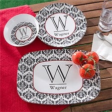 Personalized Melamine Dinnerware Set - Damask Family Name & Initial - 10864D