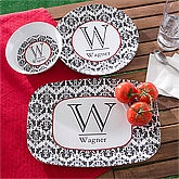 Personalized Melamine Dinnerware Set - Damask Family Name & Initial - 10864D