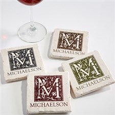 Personalized Tumbled Stone Drink Coasters - Floral Monogram - 13981