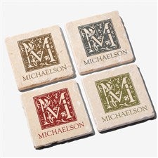 Personalized Tumbled Stone Drink Coasters - Floral Monogram - 13981