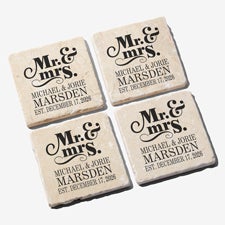 Personalized Stone Coaster Set - Mr  Mrs Wedding Coasters - 14102