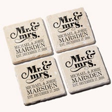 Personalized Stone Coaster Set - Mr  Mrs Wedding Coasters - 14102