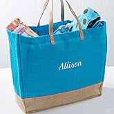 Personalized Turquoise Burlap Tote Bags - 14566