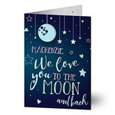 Love you to the moon and back Keepsake wooden Heart on a greetings card personalised
