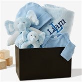 Embroidered Satin Trim Blue Baby Blanket with Clothes Set - 40823