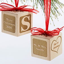 Personalized Newlywed Wood Block Ornament - Our First Christmas - 17378D