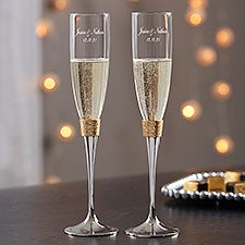 Engraved Wedding Champagne Flutes - Gold Hammered - 18167
