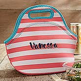 Insulated Embroidered Lunch Bag - Coral & White Stripes - 18526