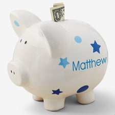 Personalized Piggy Bank For Boy - Blue Polka Dot - 18609
