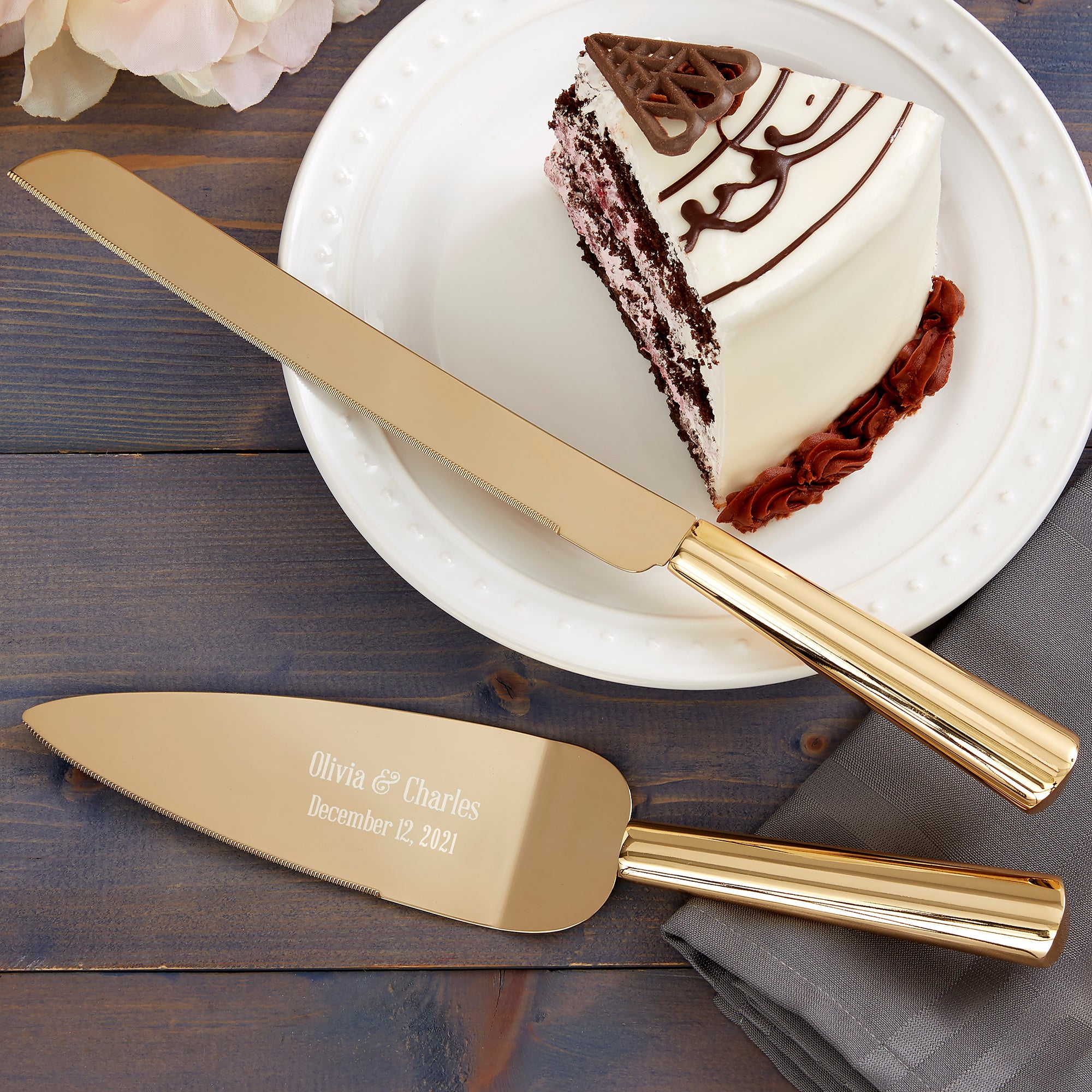 22747 Gold Modern Wedding Engraved Cake Knife & Server Set