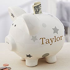 Personalized Piggy Bank - Grey Polka Dot - 20246