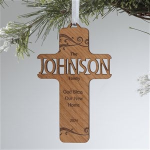 Bless Our Family Personalized Natural Wood Cross Ornament - 12371